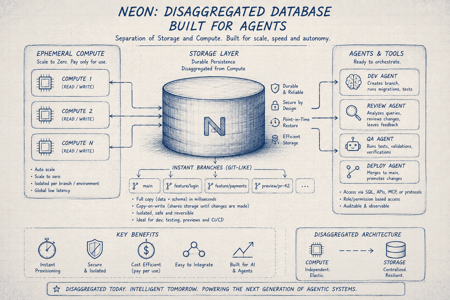 Disaggregated database architecture built for agents: ephemeral compute nodes that scale to zero on the left, a shared durable storage layer in the middle with instant git-like branches beneath it, and dev, review, QA and deploy agents on the right.